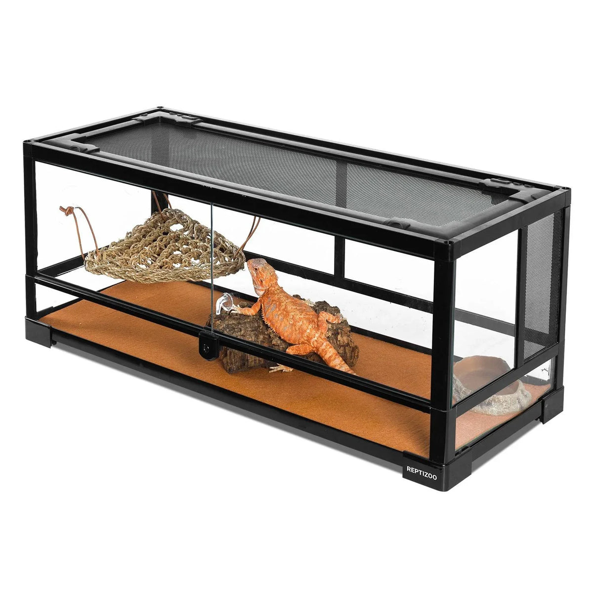 Glass reptile terrarium with mesh lid, hammock, and orange lizard on log inside enclosure