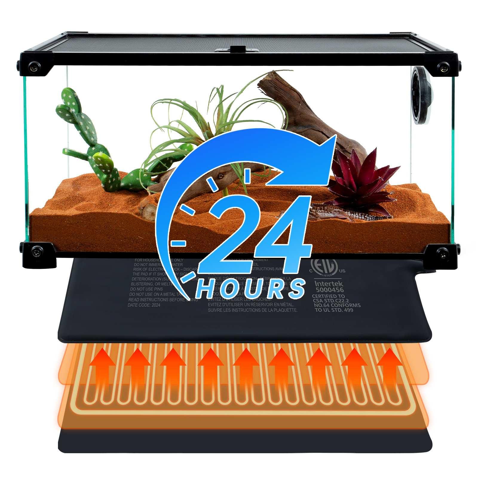 Reptile terrarium with heat mat and plants, 24-hour heating for reptiles