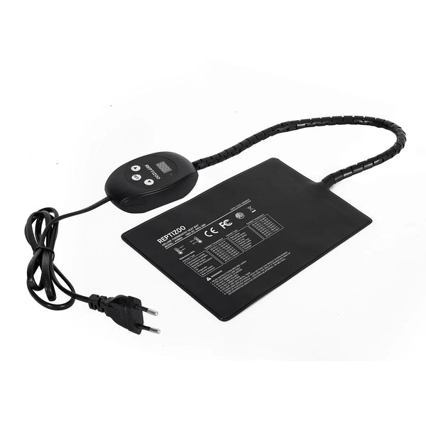 Reptile heating pad with digital temperature controller and power plug on white background
