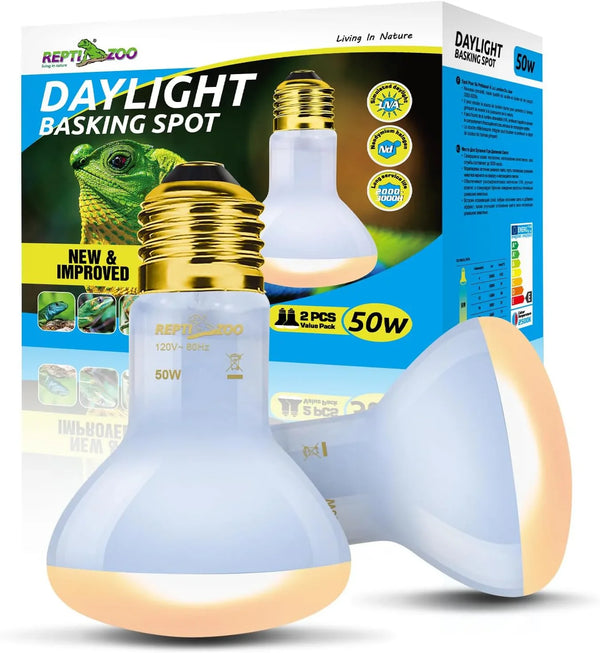 50W daylight basking spot bulbs for reptiles with packaging featuring a green lizard