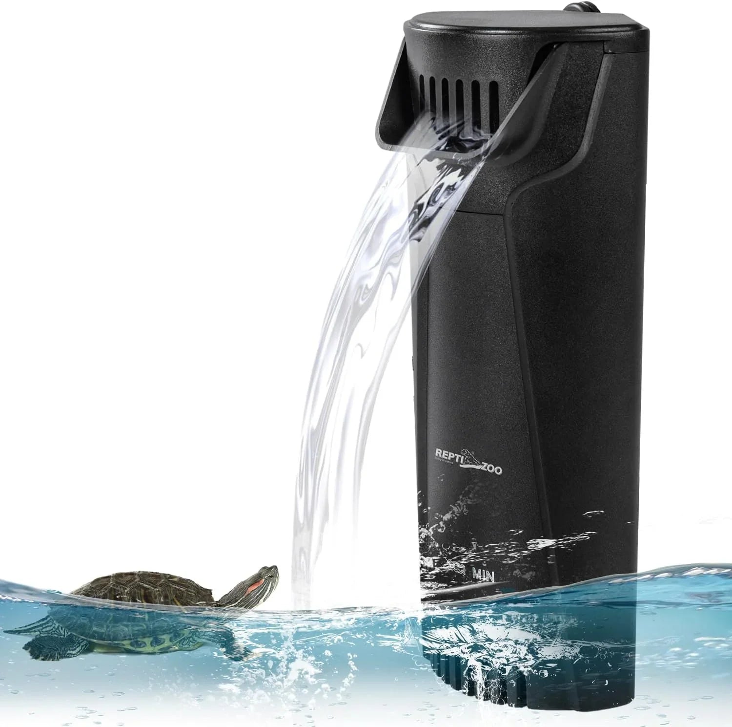 Aquarium water filter with strong waterfall flow and turtle swimming in clear water Main image