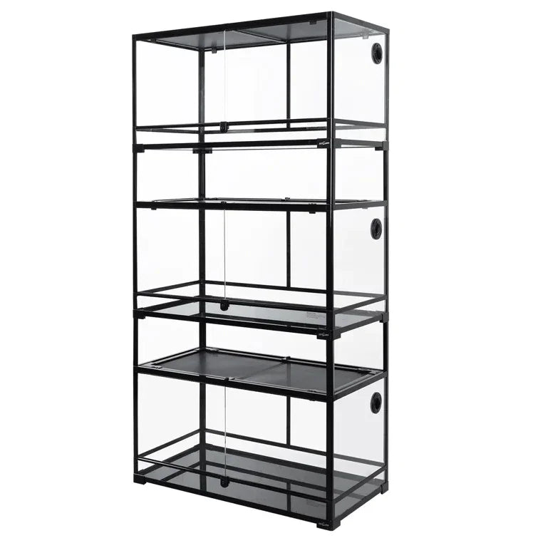 Stacked glass reptile terrarium rack with black metal frame, multi-level enclosure