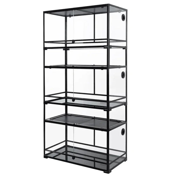 Stacked glass reptile terrarium rack with black metal frame, multi-level enclosure
