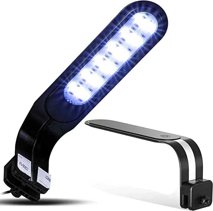 LED UVB heat lamp for reptile terrarium, sleek black clamp design, illuminated. Main image