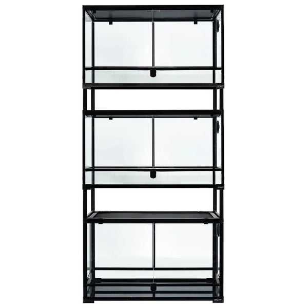 Stacked glass reptile terrariums with sliding front doors and black metal frames