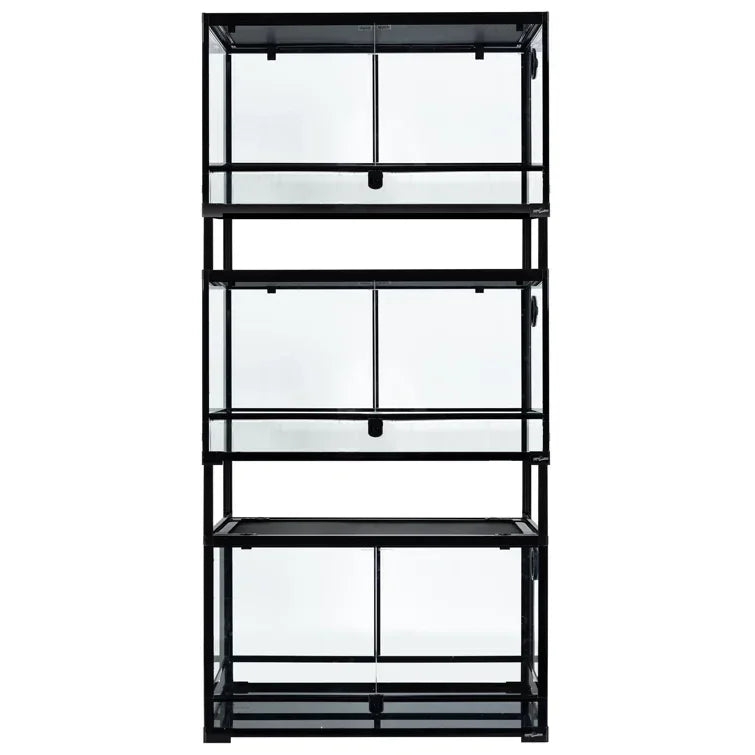 Stacked glass reptile terrariums with sliding front doors and black metal frames Main image