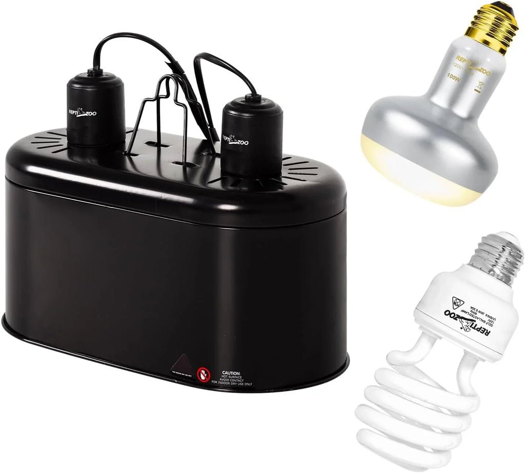 Dual dome reptile heat lamp fixture with UVB bulb and basking light for terrarium