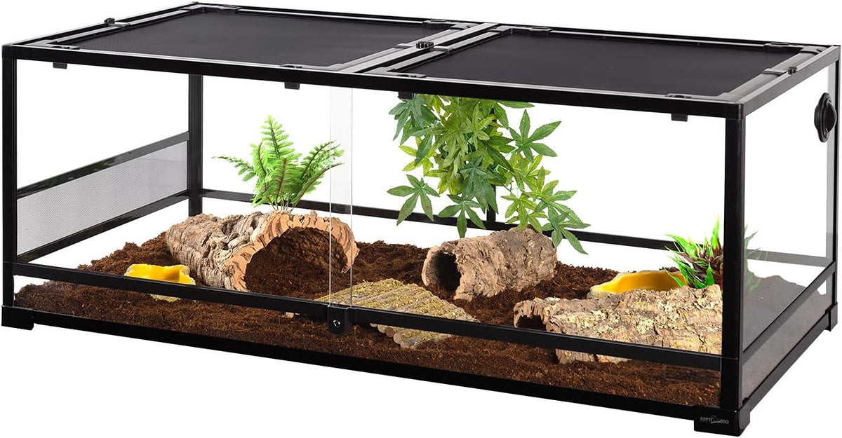 Glass reptile terrarium with mesh top, plants, cork logs, and soil substrate for reptiles Main image