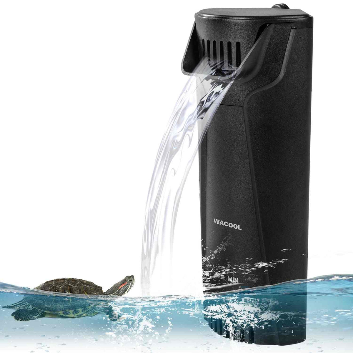 Aquarium filter with flowing water and a turtle swimming nearby Main image