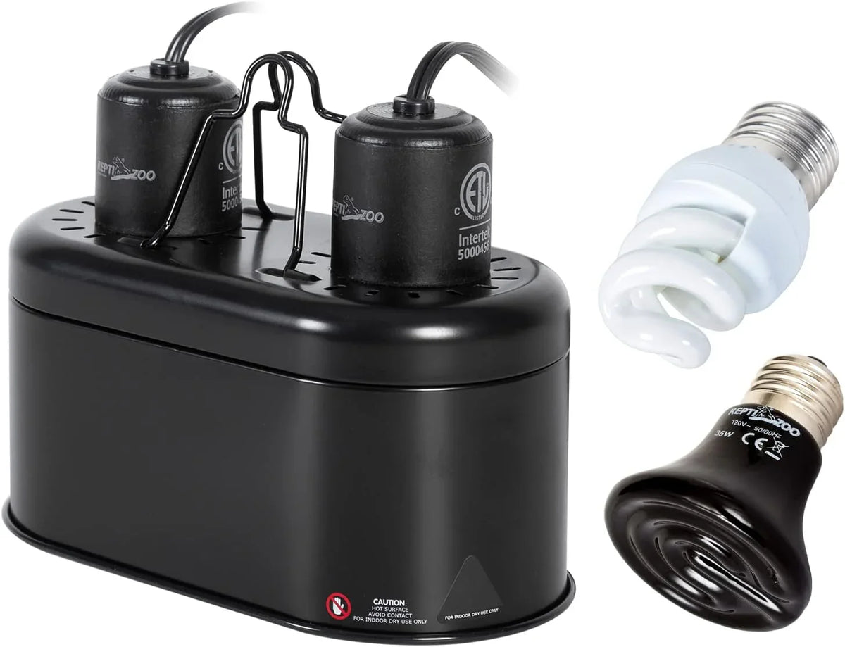Dual dome lamp fixture with UVB bulb and heat lamp for reptile terrariums Main image