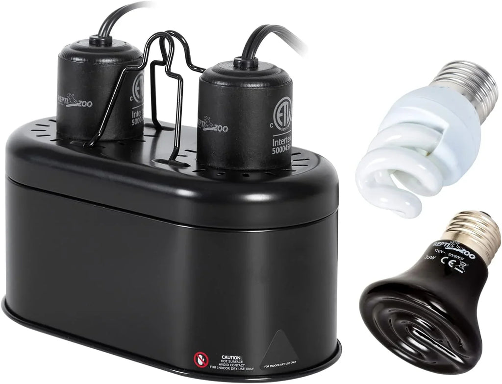 Dual dome lamp fixture with UVB bulb and heat lamp for reptile terrariums