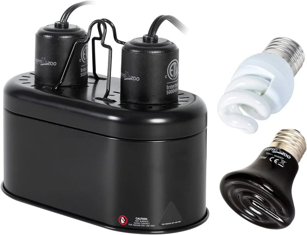 Dual dome lamp fixture with UVB bulb and heat lamp for reptile terrariums