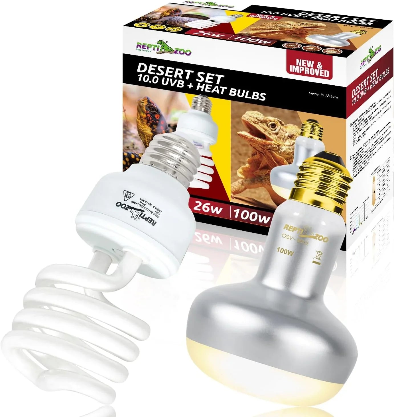Desert UVB and heat bulb set for reptiles, includes 26W UVB and 100W heat lamp, box shown. Main image