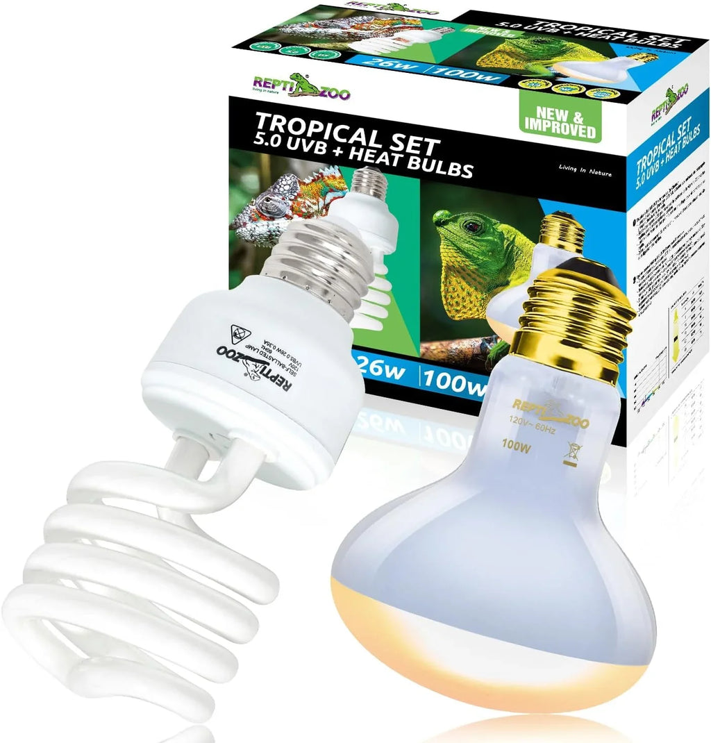 Tropical terrarium 5.0 UVB bulb and heat lamp set for reptiles, product packaging shown.