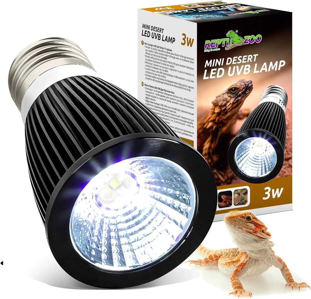Mini desert LED UVB lamp 3W with packaging and bearded dragon, reptile lighting for terrariums