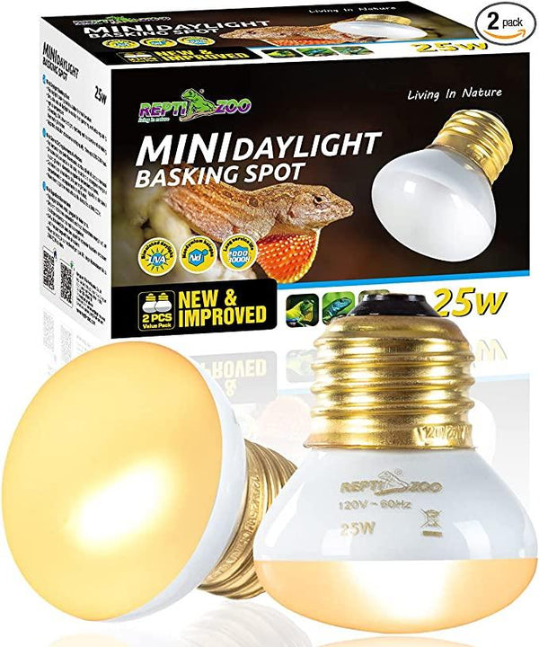 Mini daylight basking spot bulbs 25W for reptile terrariums with packaging and product close-up