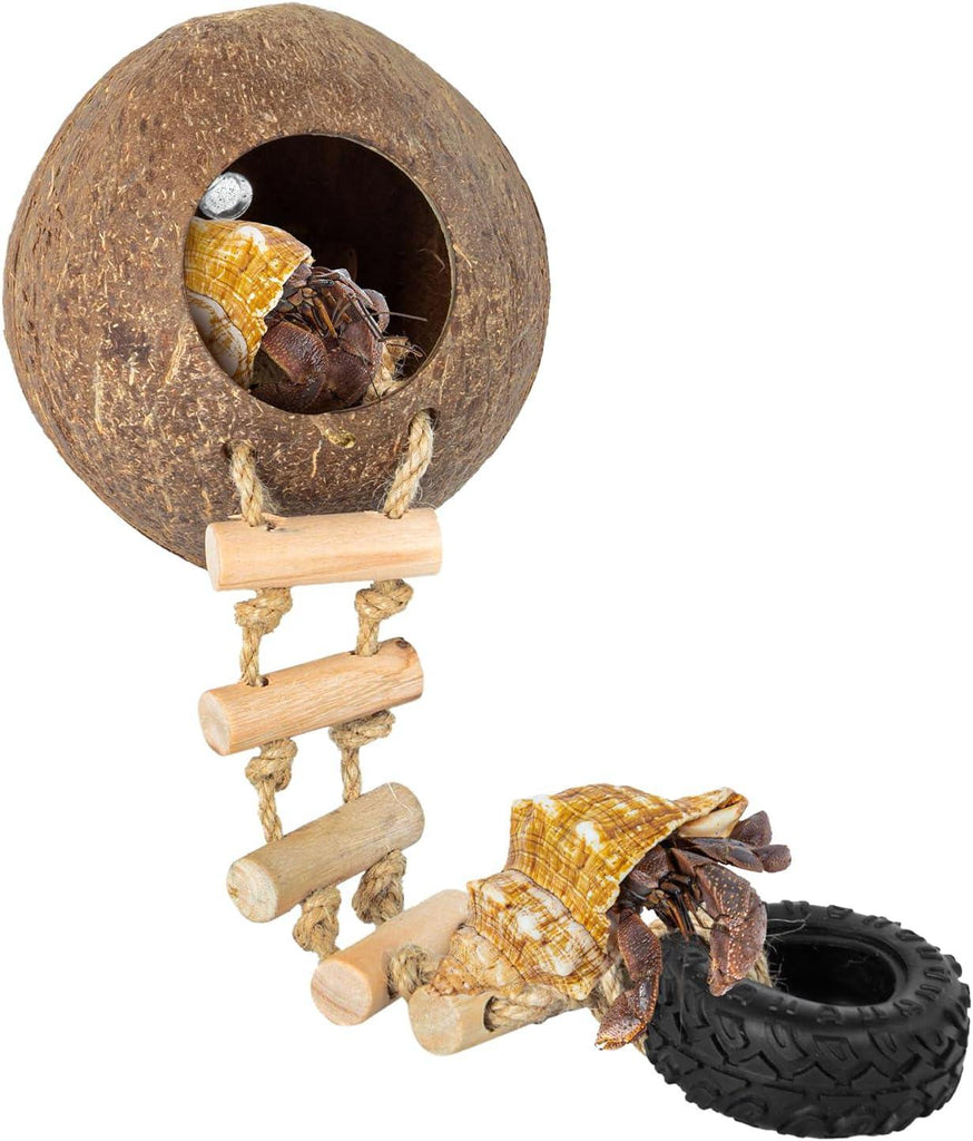 REPTIZOO Hermit Crab Coconut Shell Hideout With Ladder - Natural Reptile Cave Habitat, Suction Cup, For Geckos, Lizards, Small Pets