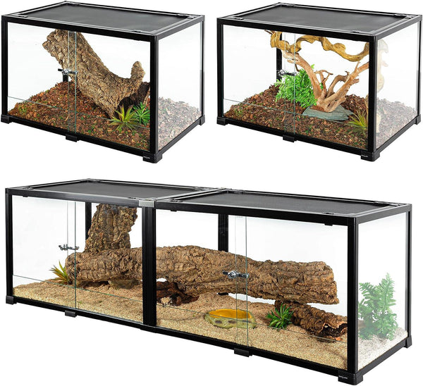 Glass reptile terrariums with secure doors, natural wood branches, plants, and substrate.