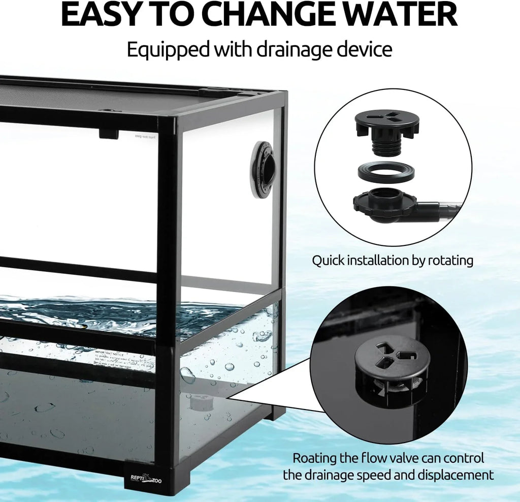 Glass reptile terrarium with easy water drainage device, quick install flow valve shown.