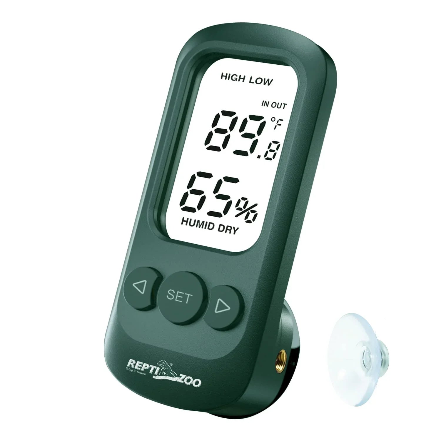 Digital reptile terrarium thermometer hygrometer with display, suction cup, and control buttons