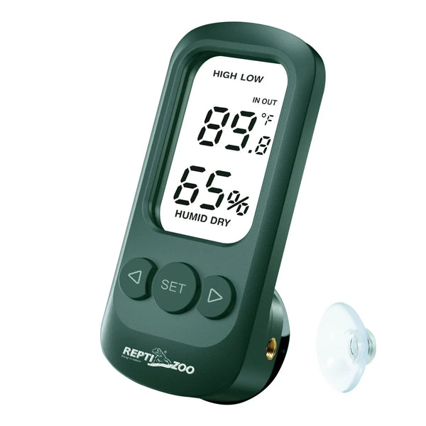 Digital reptile terrarium thermometer hygrometer with display, suction cup, and control buttons