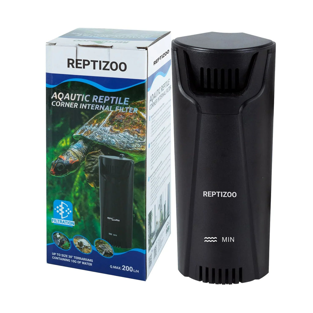 Aquatic reptile corner internal filter for terrariums with product box and turtle image