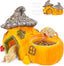 Pumpkin-shaped reptile hideout and feeder with geckos, mealworms, and plastic cups