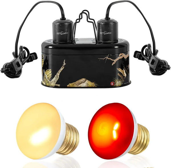 Dual dome reptile heat lamp fixture with yellow and red bulbs for terrarium lighting