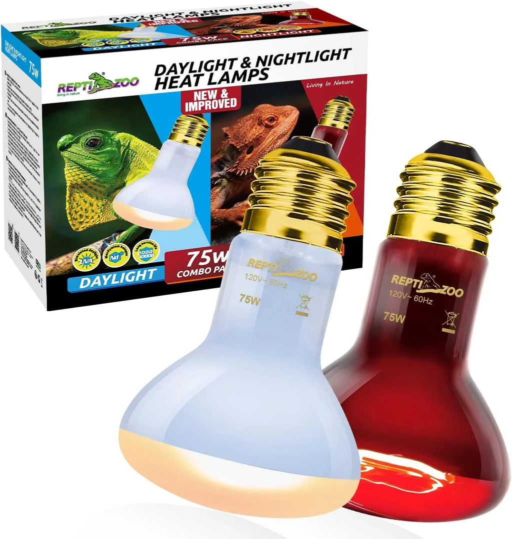 Daylight and nightlight reptile heat lamps 75W combo pack with packaging, two bulbs shown