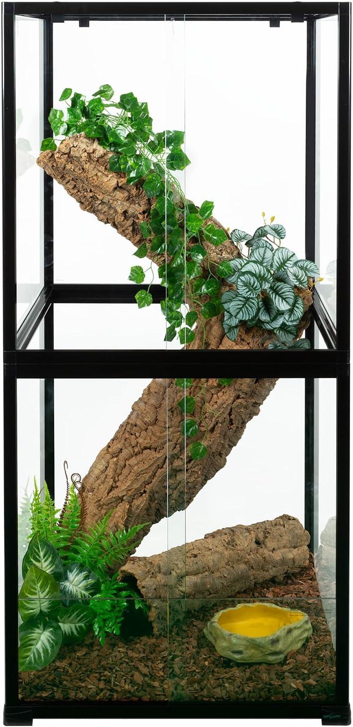 Glass reptile terrarium with cork bark, artificial plants, and water dish for reptiles Main image