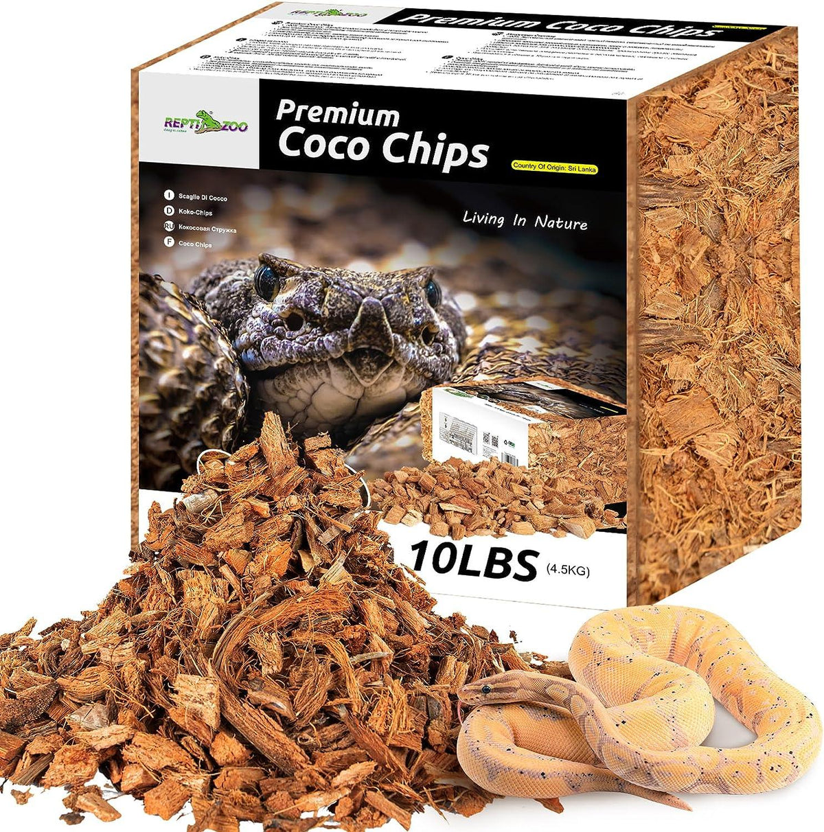 10lbs premium coconut chips reptile bedding with snakes, ideal for terrariums. Main image