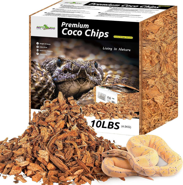 10lbs premium coconut chips reptile bedding with snakes, ideal for terrariums.