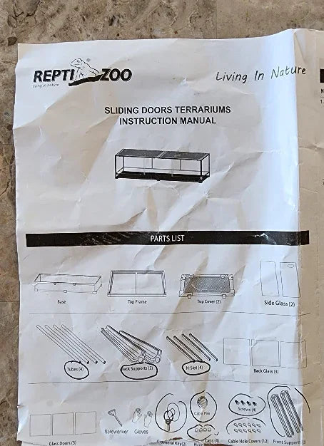 Instruction manual page for sliding doors terrarium with illustrated parts list and assembly diagram. Main image