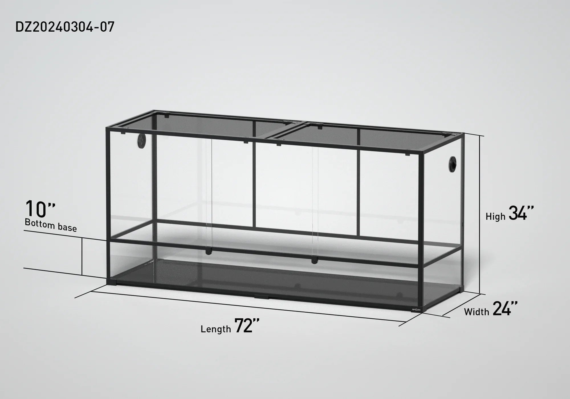 Large glass reptile terrarium, 72x24x34 inches, with labeled dimensions on white background. Main image