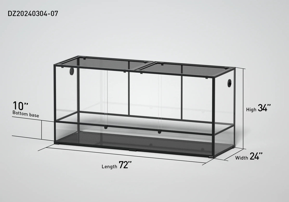 Large glass reptile terrarium, 72x24x34 inches, with labeled dimensions on white background.