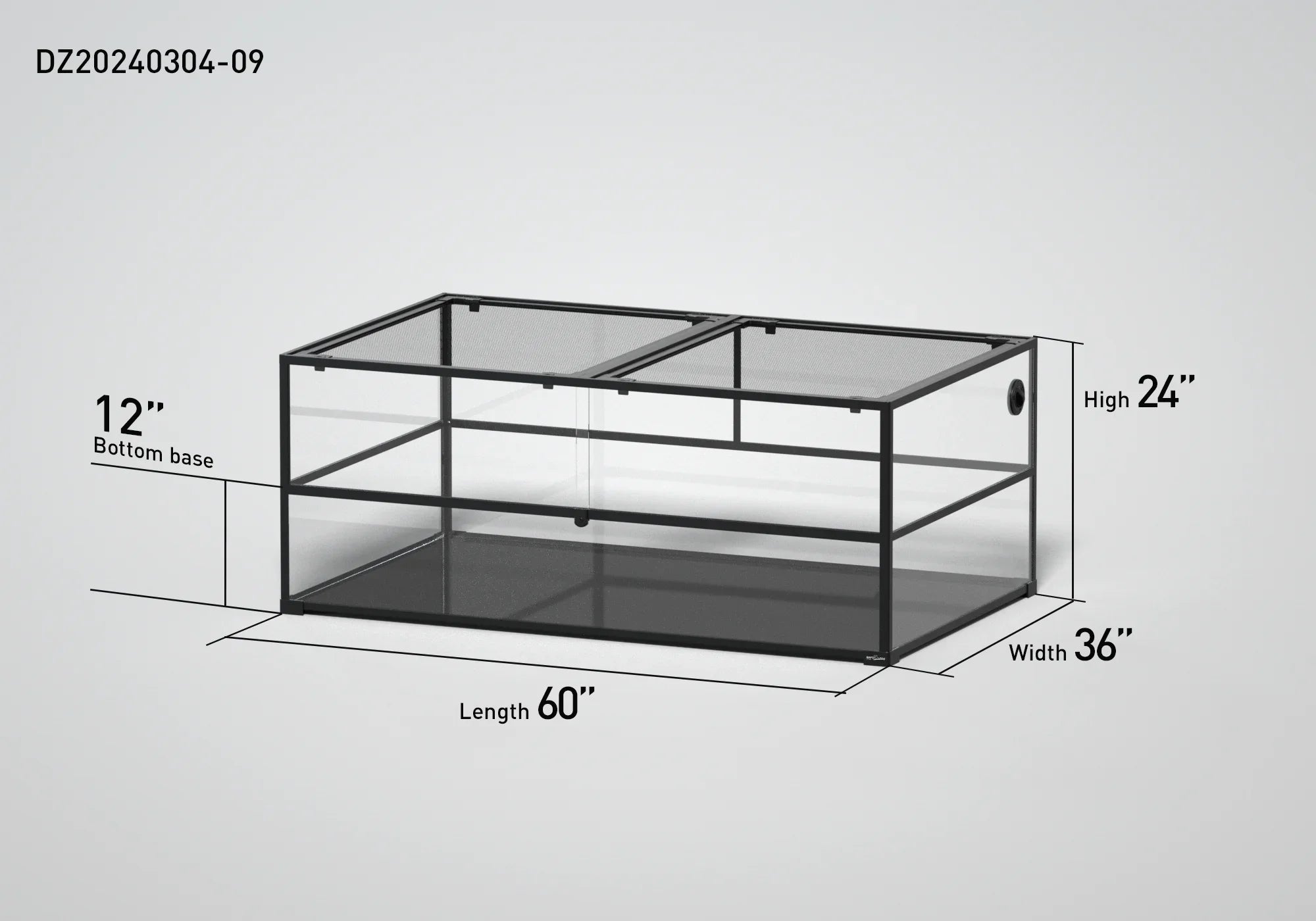 Large glass reptile terrarium with mesh top, measuring 60x36x24 inches, for custom enclosures.