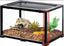 Glass reptile terrarium with front doors, faux plants, rock hide, and substrate