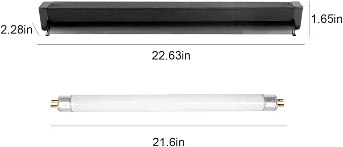UVB tube light fixture and bulb for reptile terrarium, with length and width measurements.