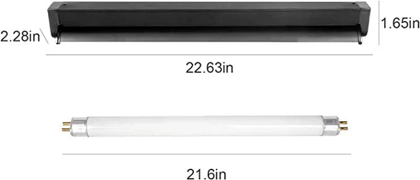 UVB tube light fixture and bulb for reptile terrarium, with length and width measurements.