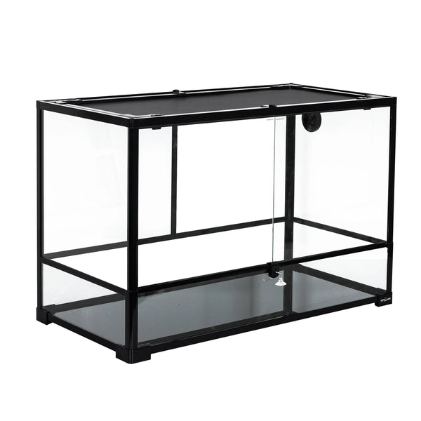 Glass reptile terrarium with black frame and mesh top for reptiles or amphibians