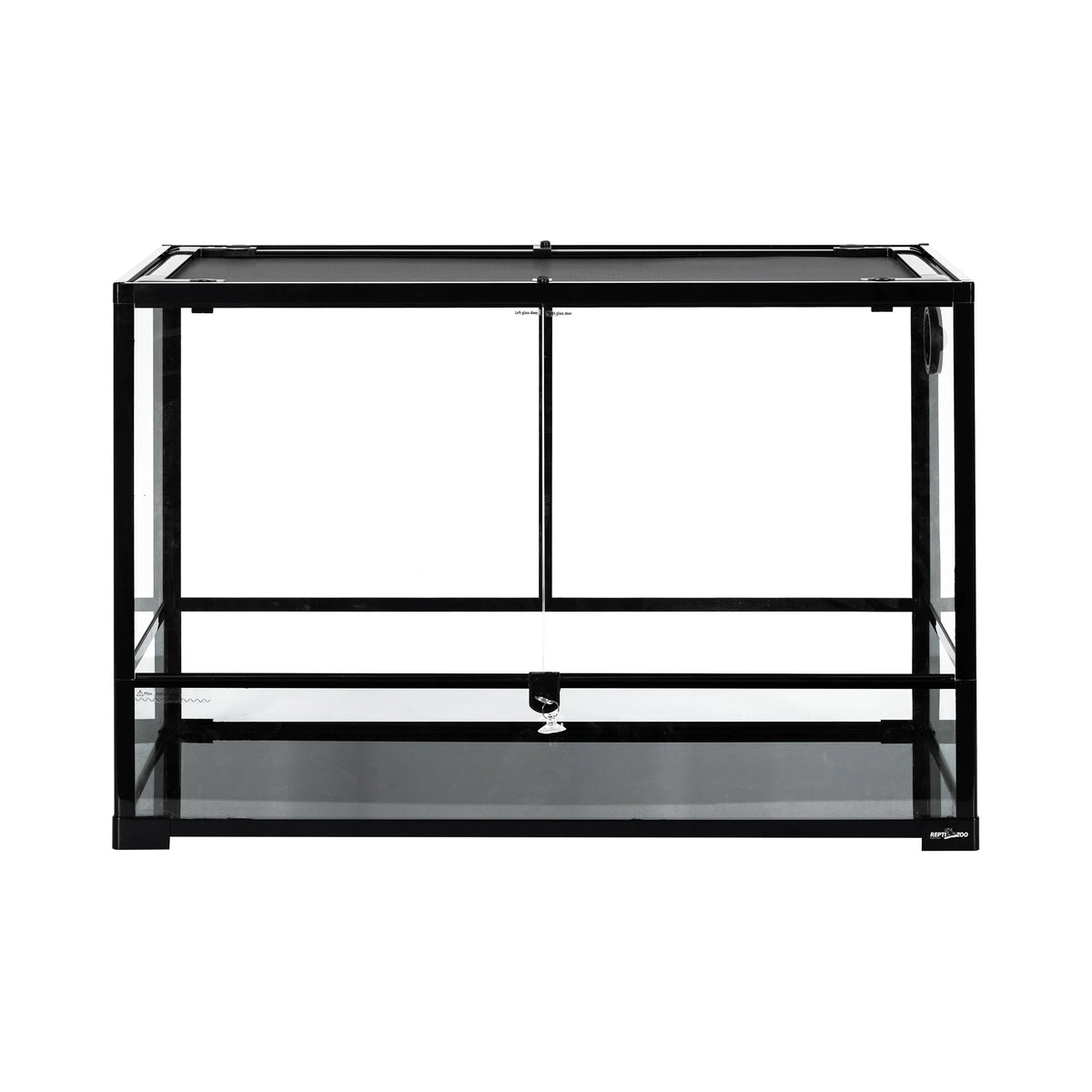 Glass reptile terrarium with front-opening doors and metal mesh top for ventilation