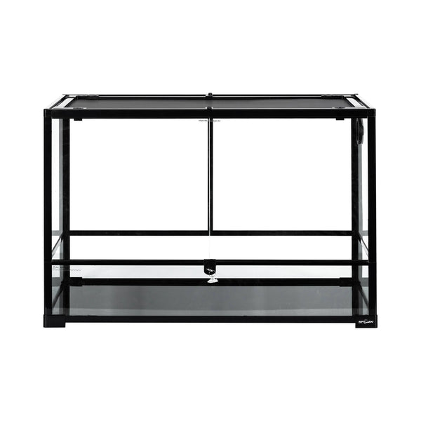 Glass reptile terrarium with front-opening doors and metal mesh top for ventilation