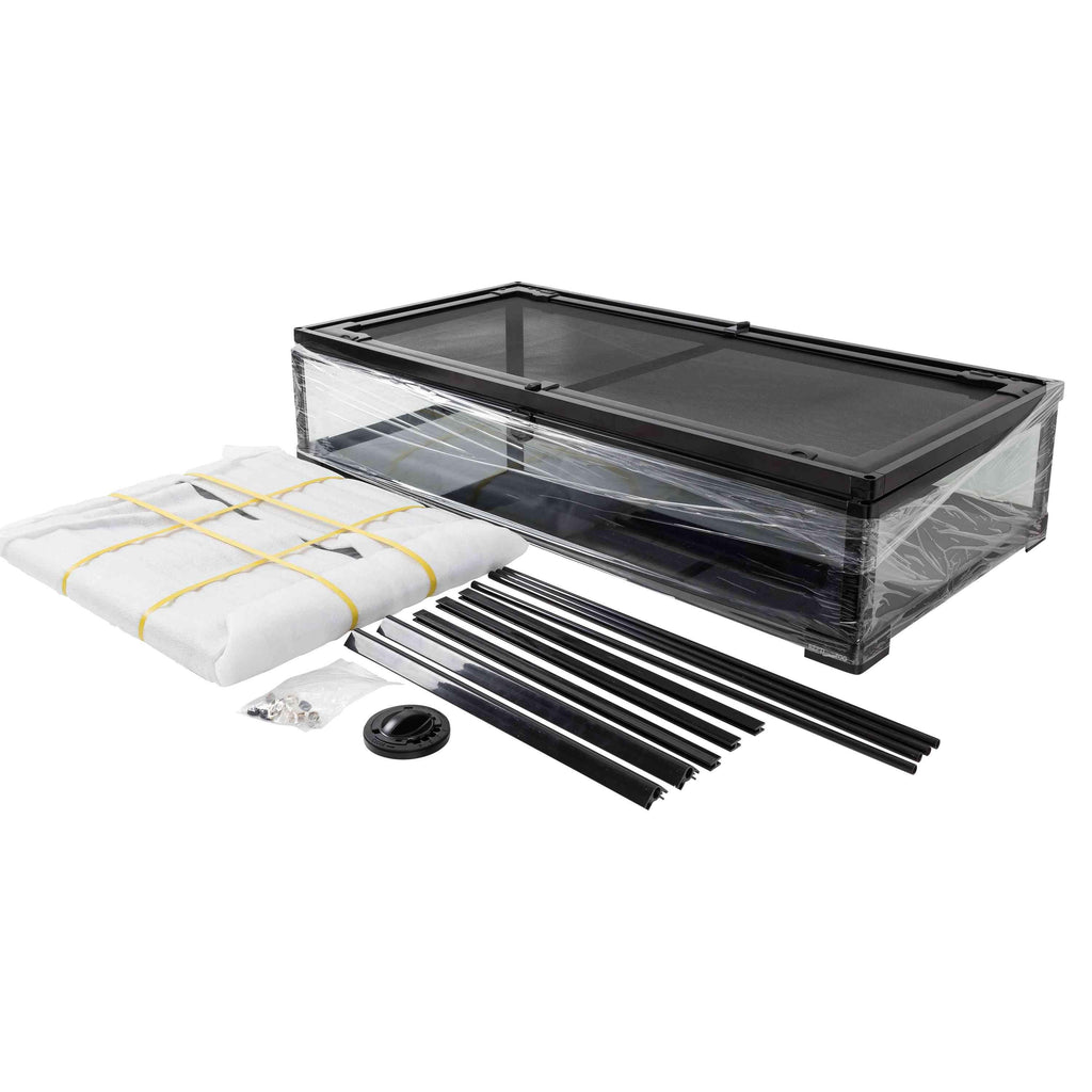 Glass reptile terrarium kit with mesh top, panels, and assembly parts on white background