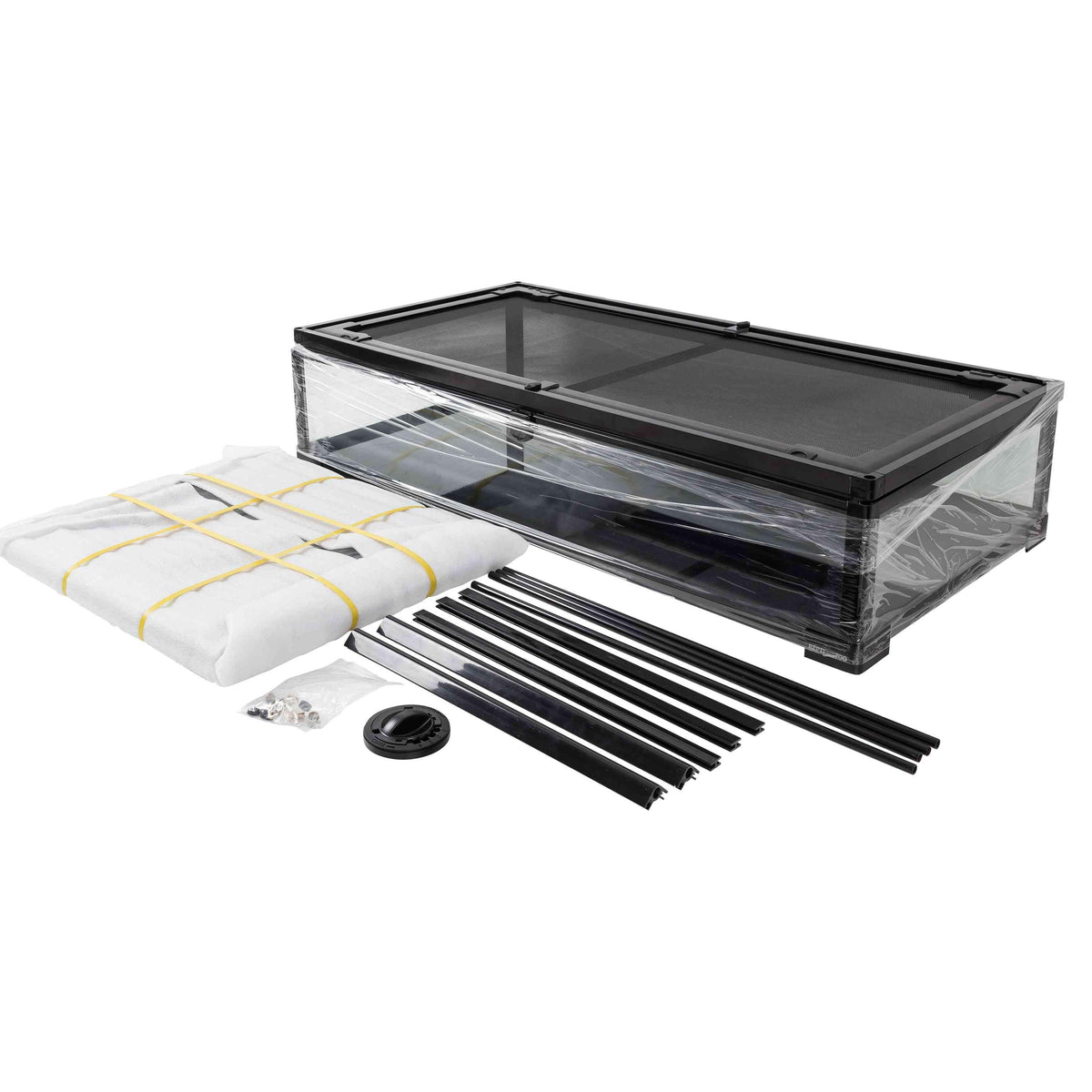 Glass reptile terrarium kit with mesh top, panels, and assembly parts on white background