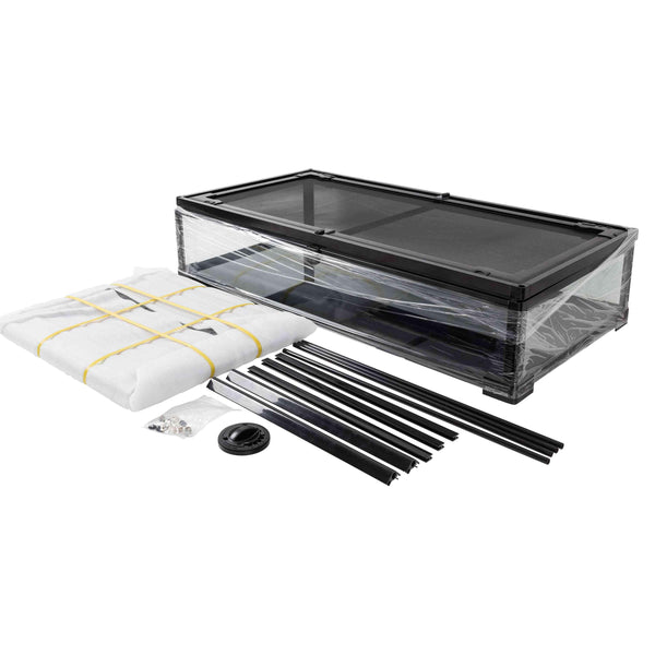 Glass reptile terrarium kit with mesh top, panels, and assembly parts on white background