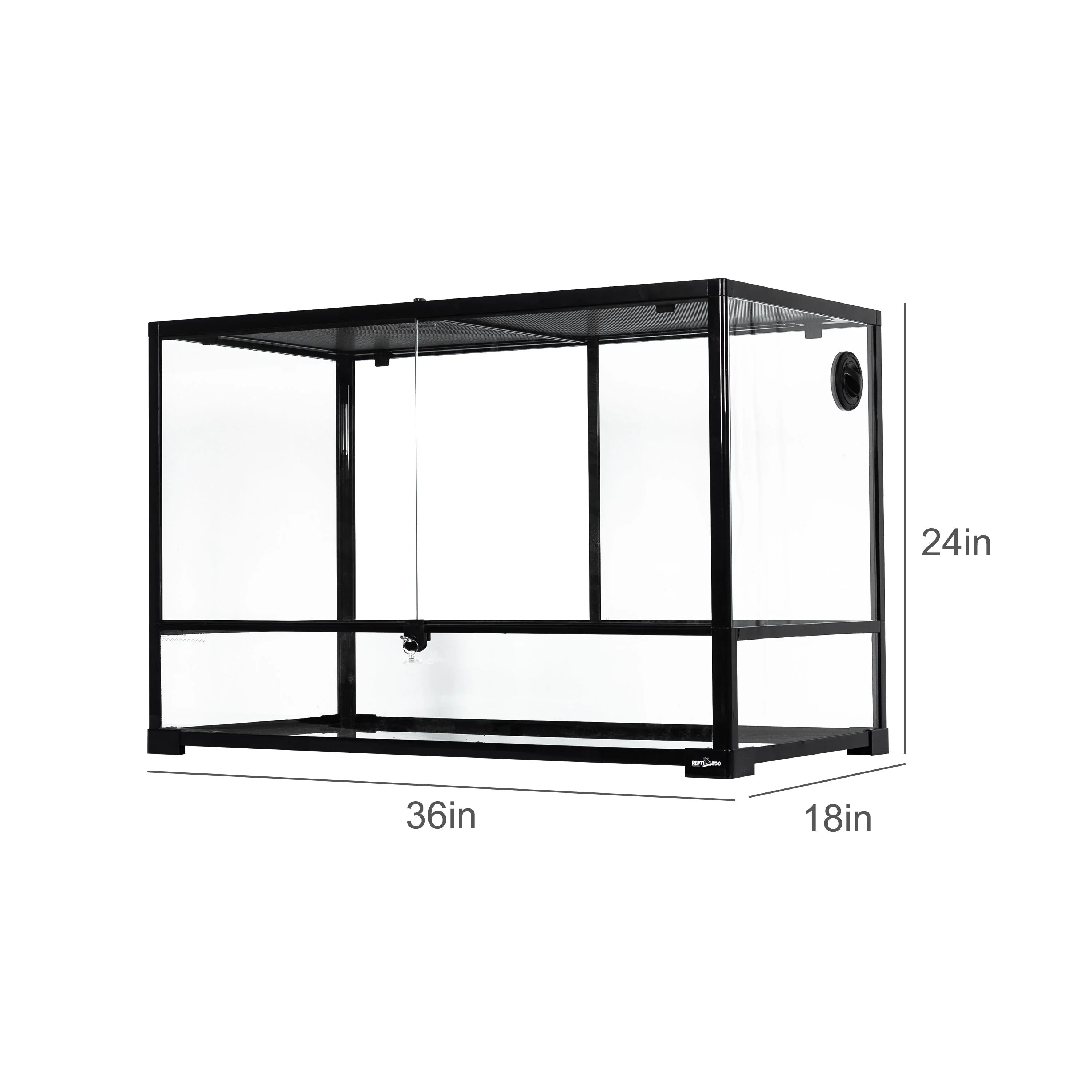 Glass reptile terrarium 36x18x24 inches with black frame and ventilation panel