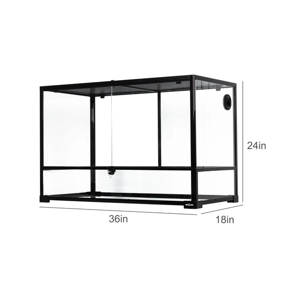 Glass reptile terrarium 36x18x24 inches with black frame and ventilation panel
