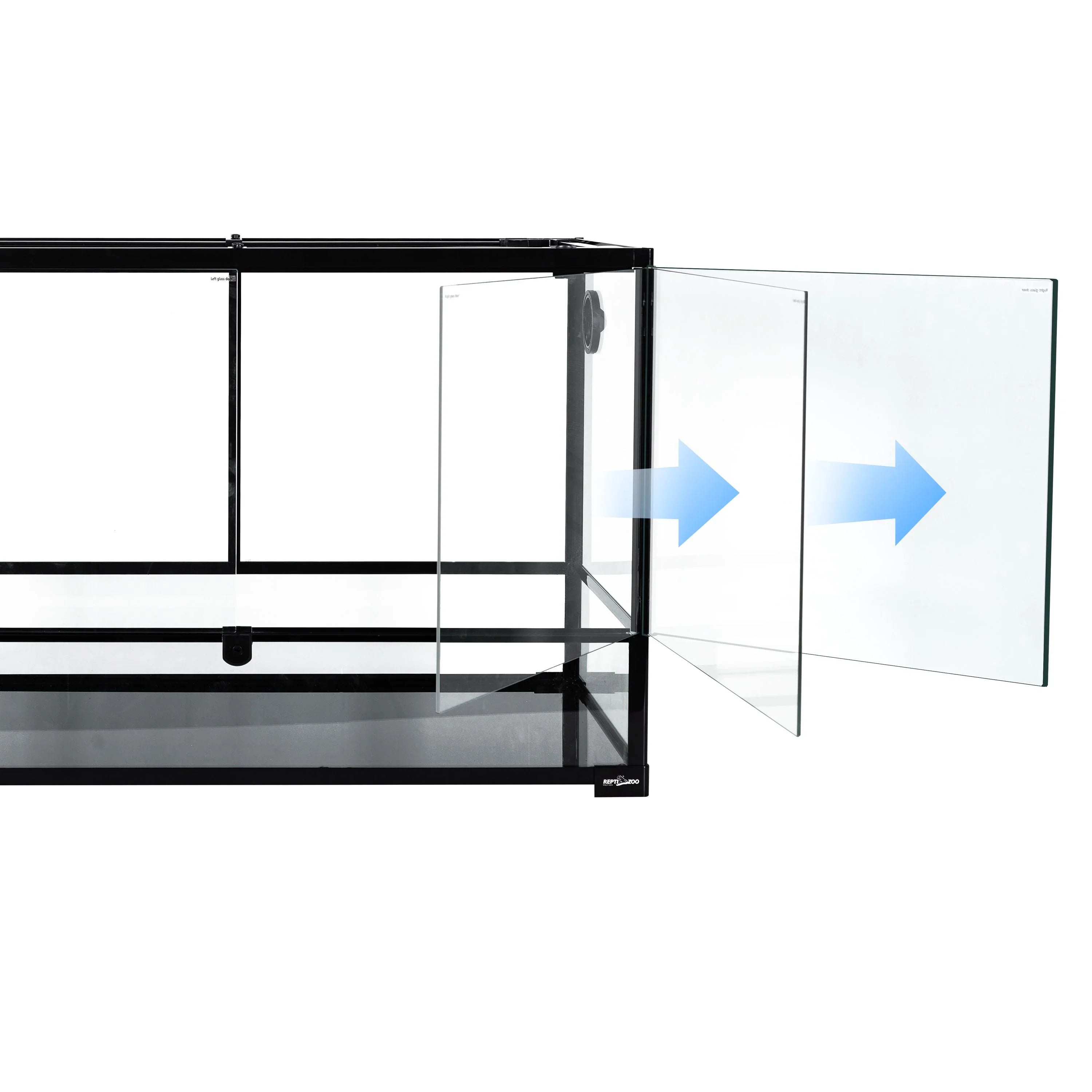 Glass reptile terrarium with front-open sliding door, black frame, clear panels