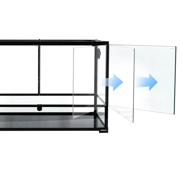 Glass reptile terrarium with front-open sliding door, black frame, clear panels