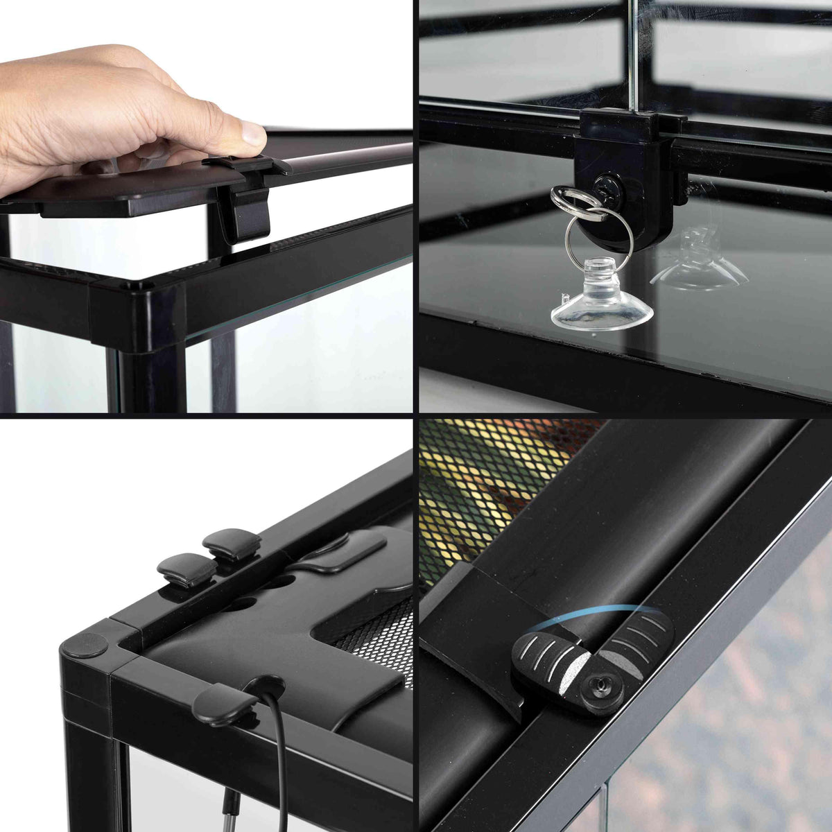 Collage showing secure locking mechanisms and details of a glass reptile terrarium enclosure.